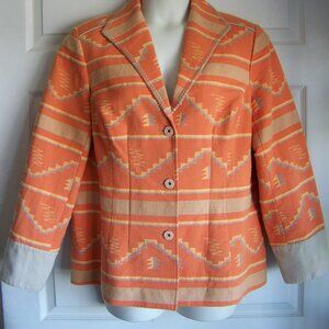 Coldwater Creek Blazer Orange Native American Print Three Button Long Sleeve